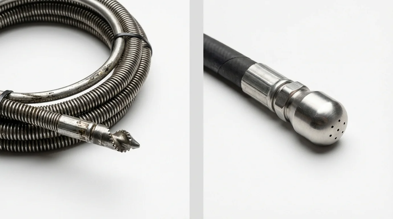 Drain snake cable and hydro jetting nozzle used for drain cleaning in Norwood, NY
