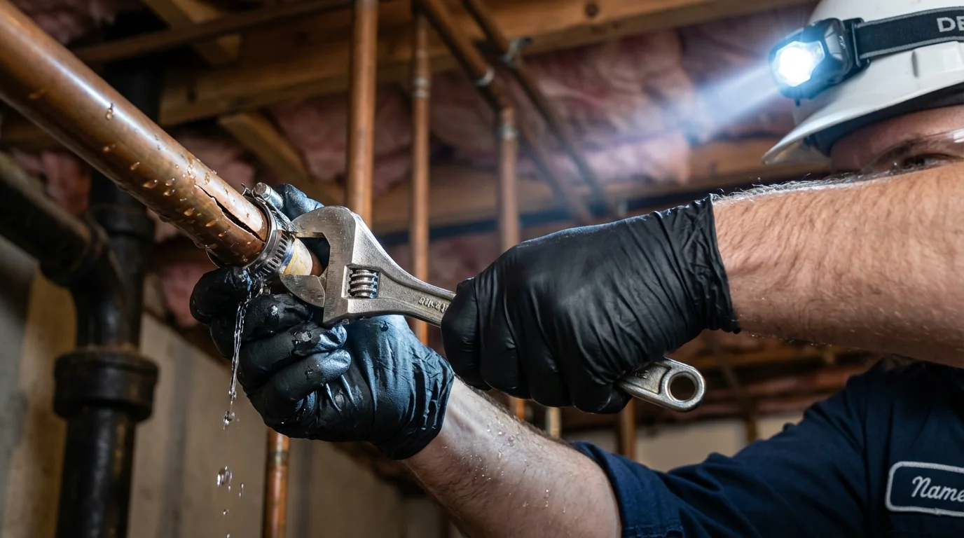 Emergency pipe clamp repair being performed by a Johns Plumbing LLC plumber in Norwood