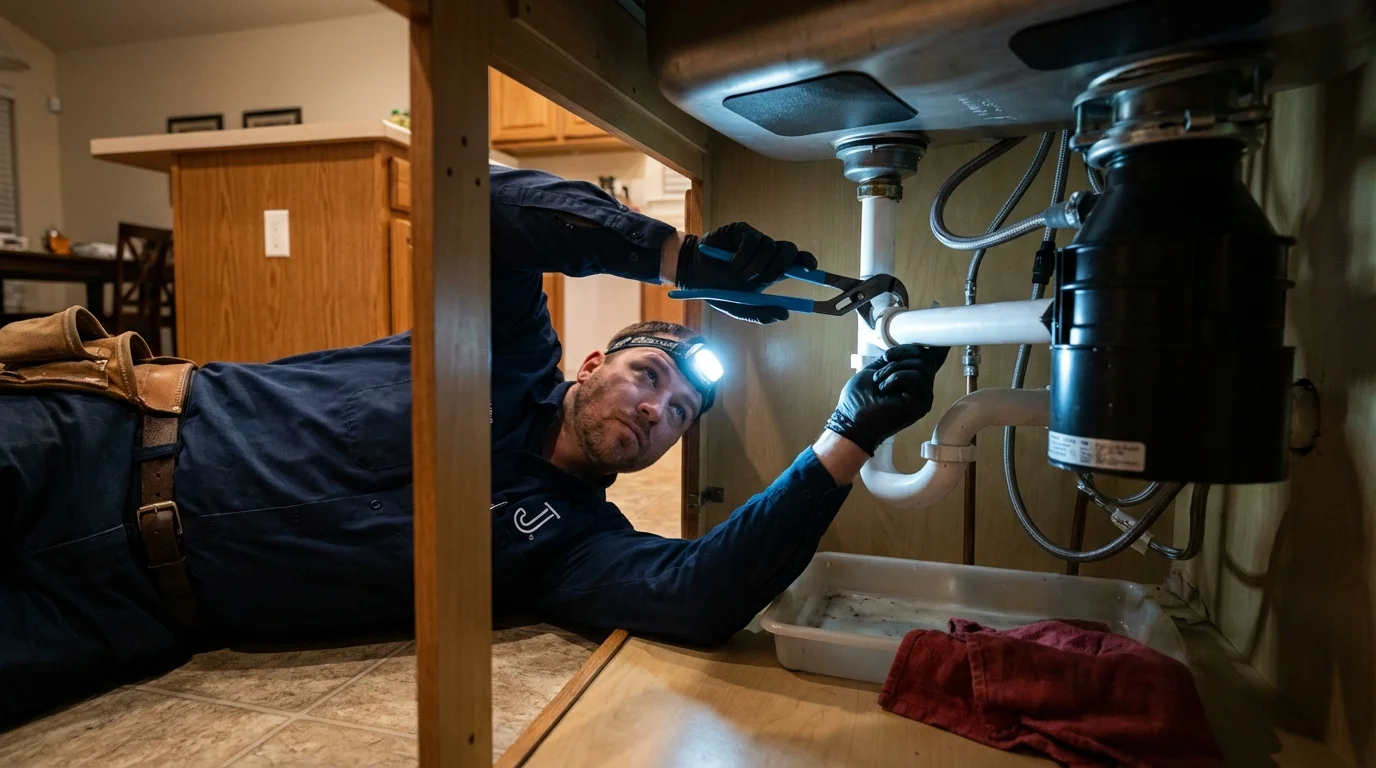 P-trap and supply line connections under a kitchen sink showing a common leak point in Norwood, NY